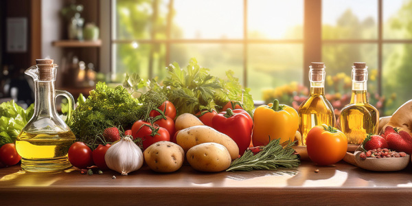 Holztisch mit frischem Gemüse wie Paprika, Tomaten, Kartoffeln, Knoblauch und Kräutern, daneben Glasflaschen mit Öl, Schale mit Erdbeeren und grünem Hintergrund durch ein Fenster.
